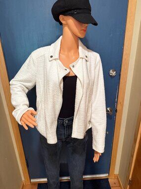 🤍 Nine West White Boucle Moto Jacket | Asymmetrical Zip | Size Medium